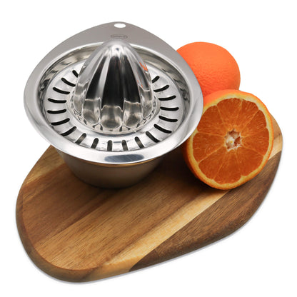 citrus press stainless steel with oranges from above