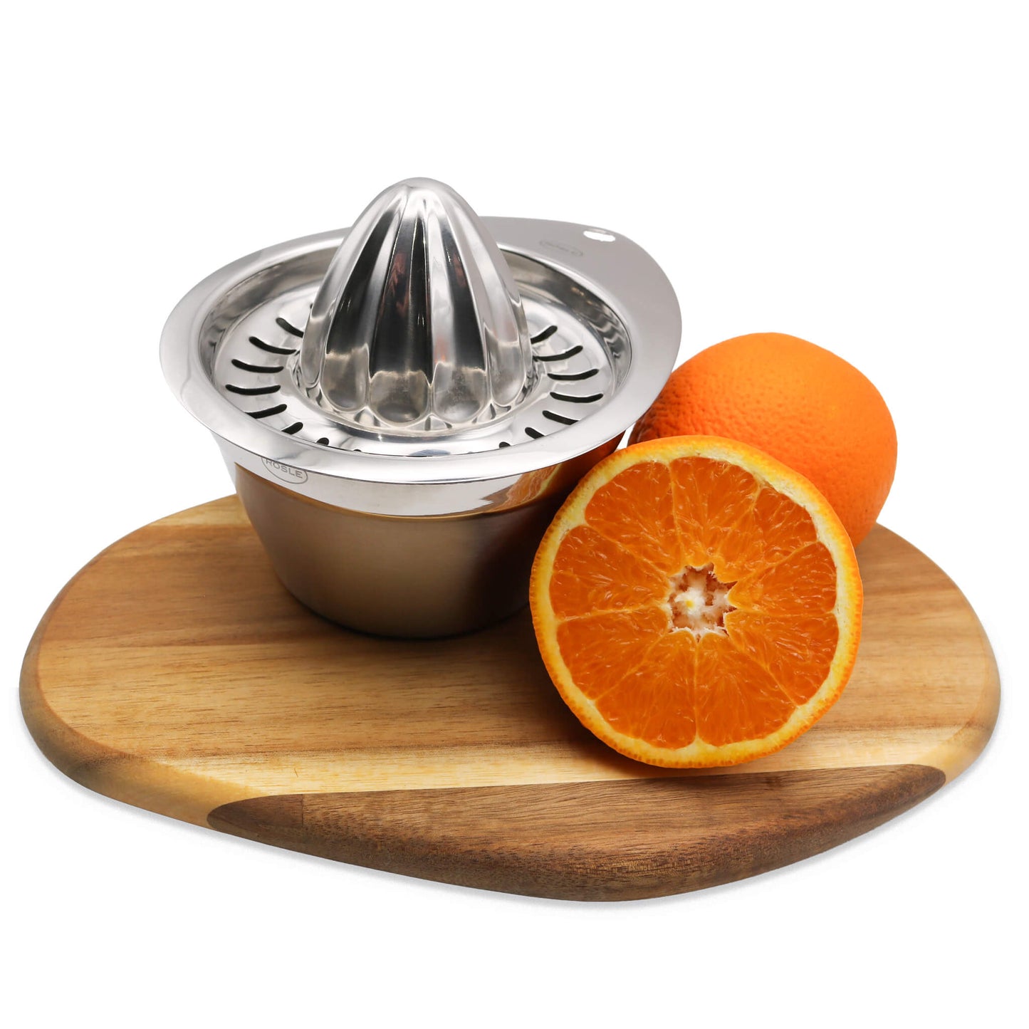 citrus press stainless steel with oranges