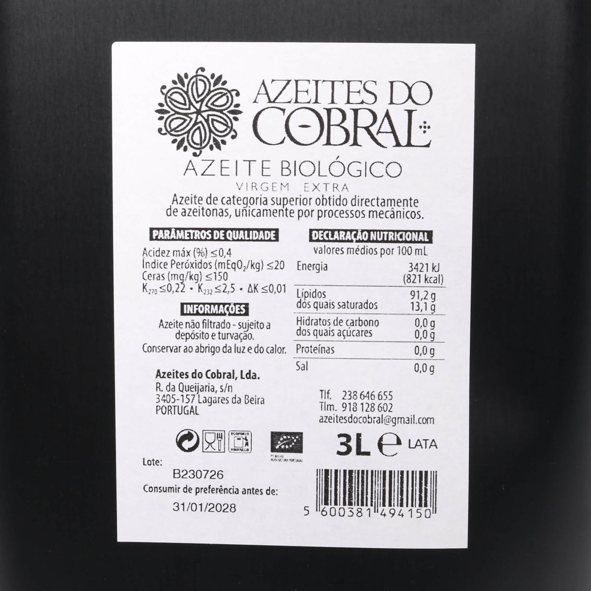 The back of a 3L bottle of Azeites do Cobral Biological Extra Virgin Olive Oil, showing the white product label with black text and logos against a dark background.