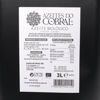 The back of a 3L bottle of Azeites do Cobral Biological Extra Virgin Olive Oil, showing the white product label with black text and logos against a dark background.