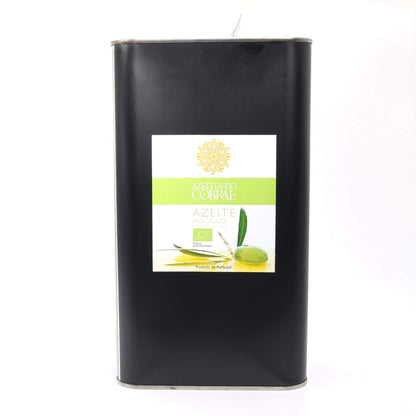 A tall black metal canister of Azeites do Corbal Azeite de Oliva Virgen Extra organic olive oil, featuring a white and green label with a gold logo, set against a plain white background.