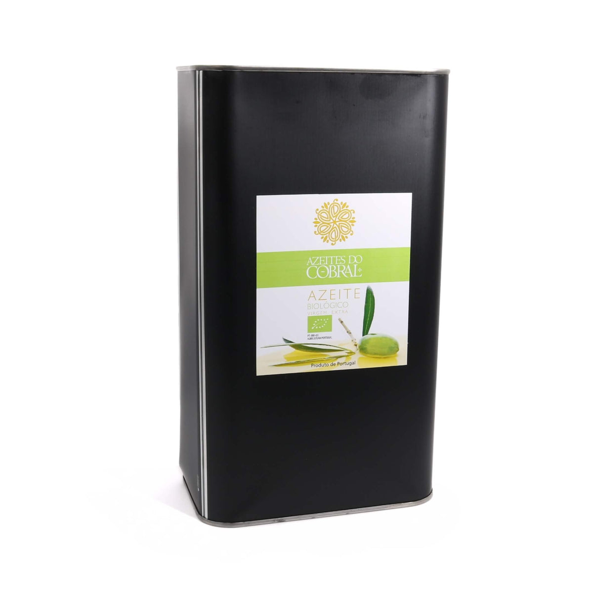A tall black metal tin of olive oil with a white and green front label, photographed on a clean white background.