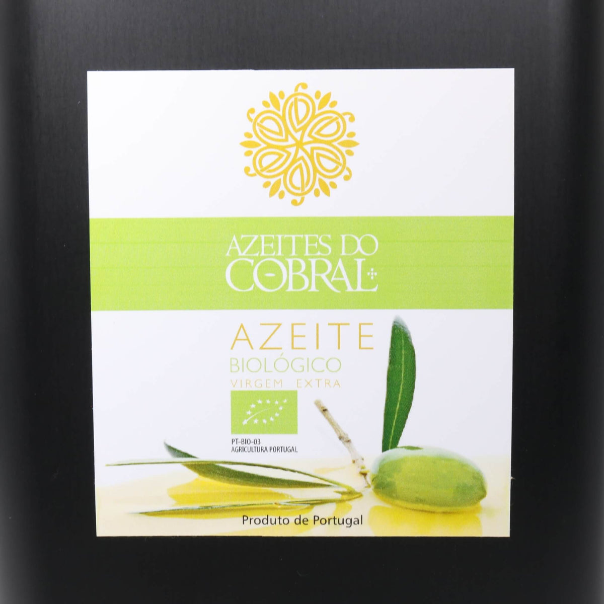 A rectangular product box for Azeites do Cobral organic extra virgin olive oil, featuring a white and light green design with an olive illustration, set against a dark background.