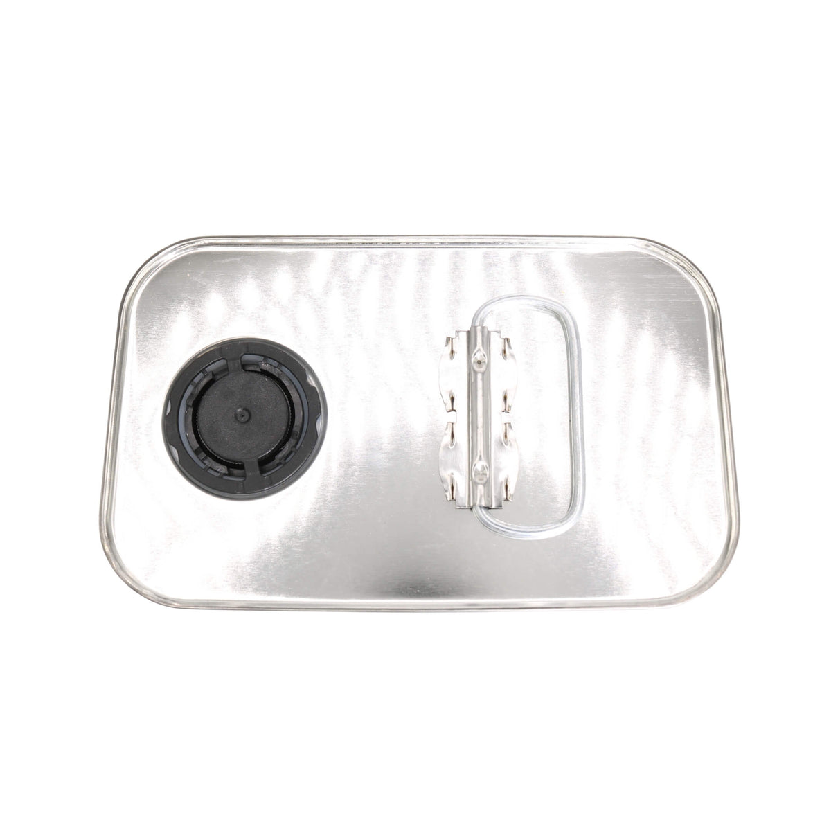 A rectangular silver metal canister lid with rounded corners, featuring a black circular cap on the left and a clear plastic handle on the right, isolated on a white background.