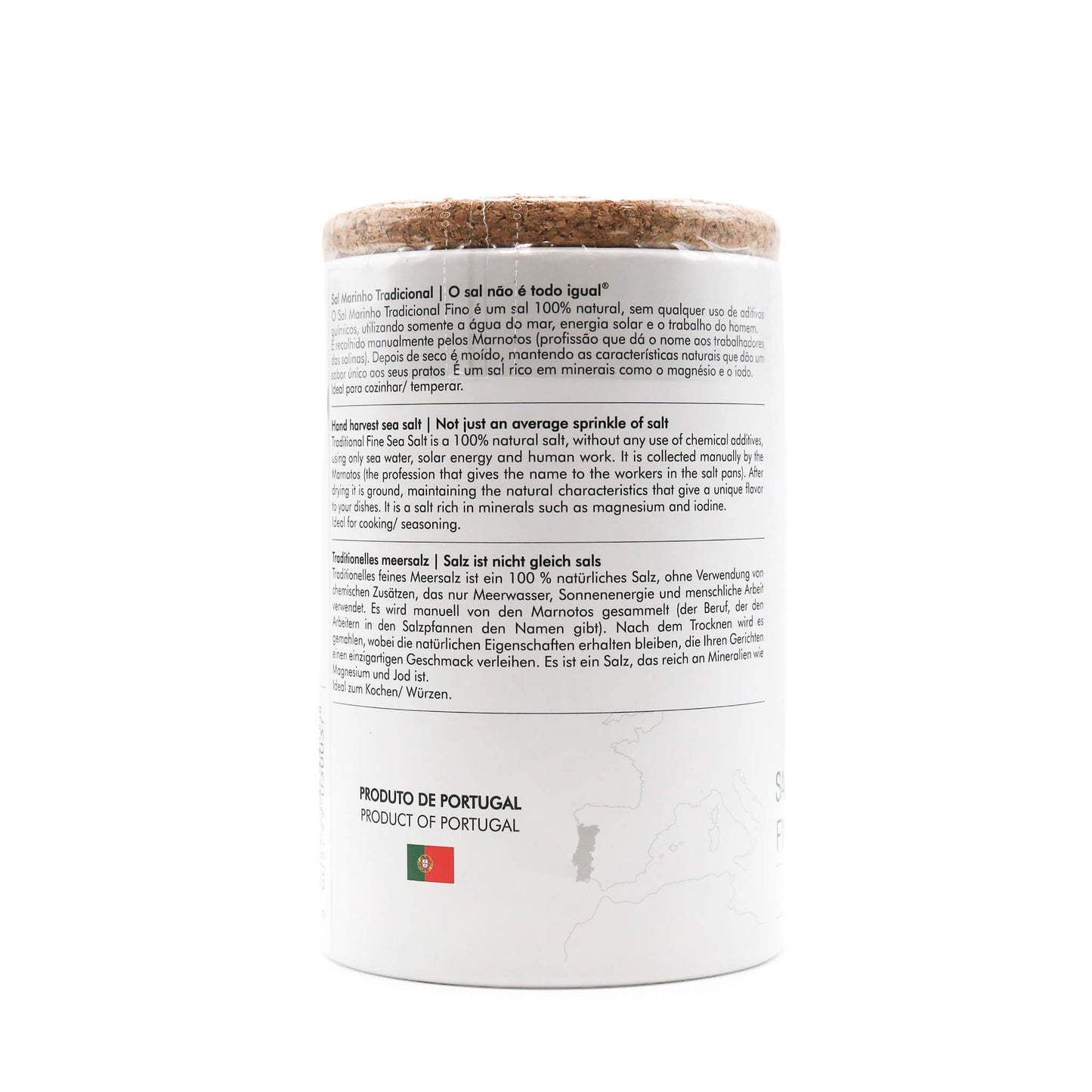 Container of salt with text on a white background