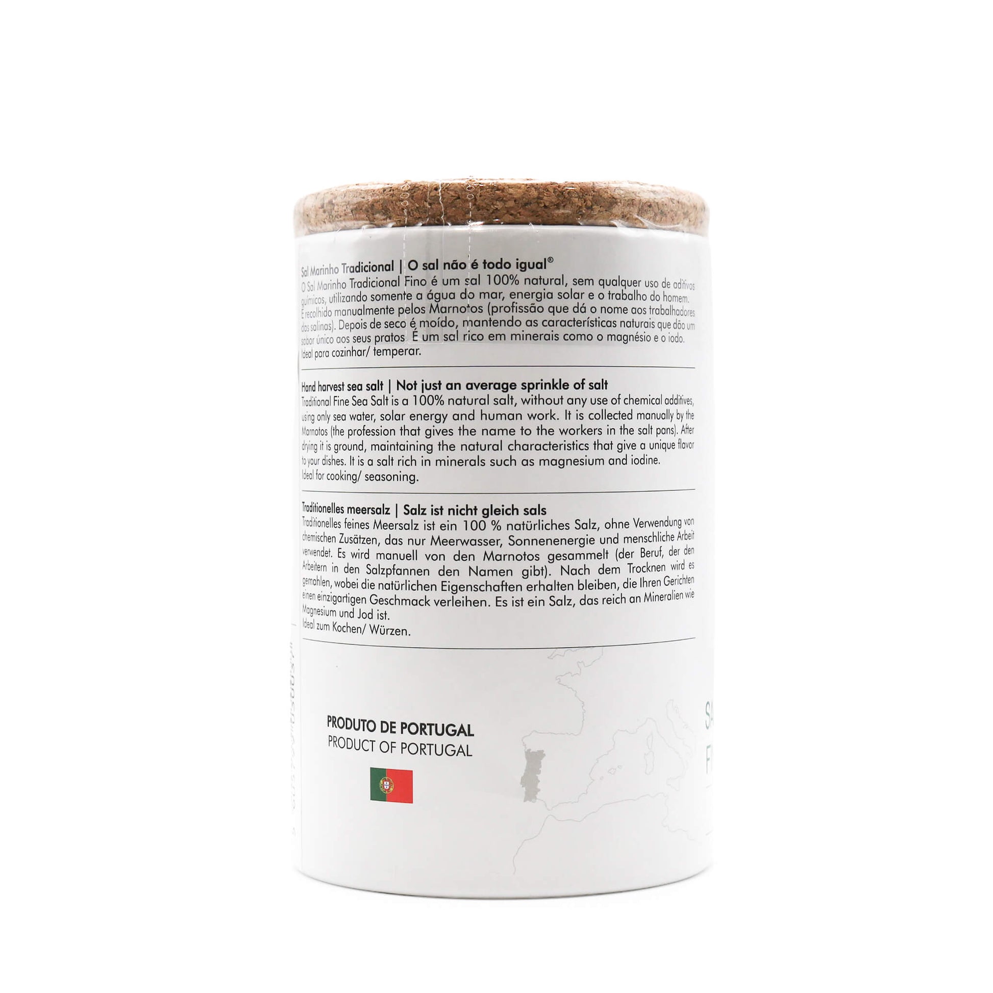 Container of salt with text on a white background