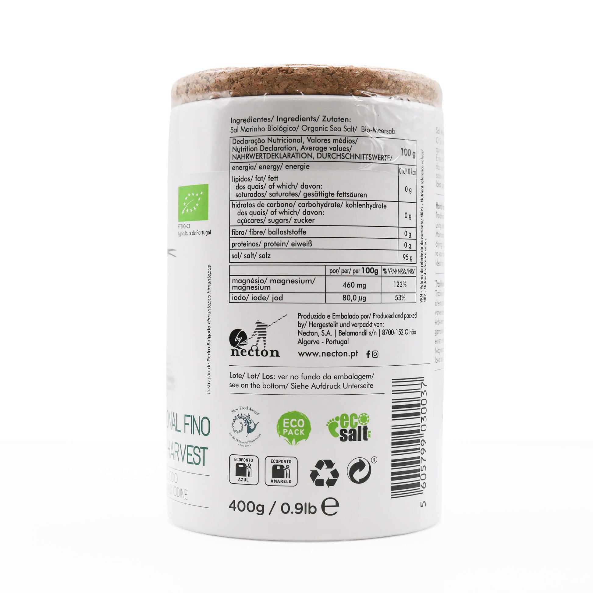 Back view of a salt container with label and branding on a white background